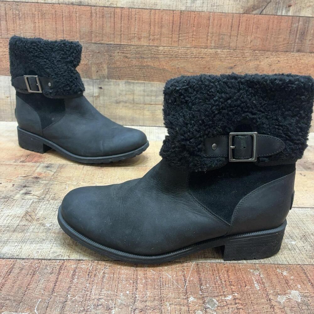 UGG 1112620 Boots Womens Size 11 42 Black Leather Shearling Ankle Zip Winter